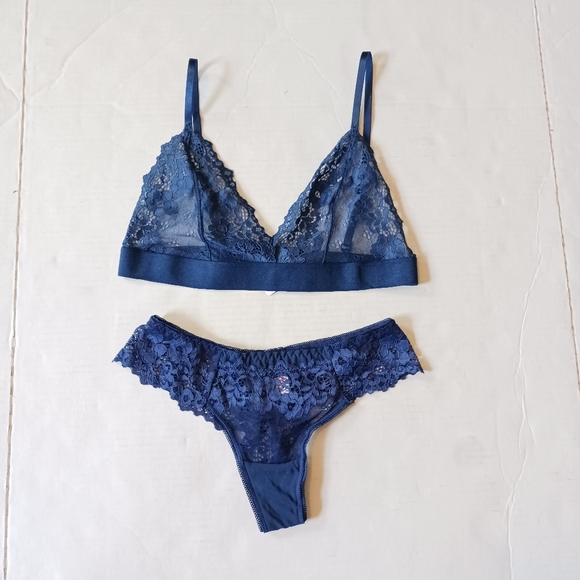 Romwe Blue Lace Unlined Bralette Lingerie Set Womens Size XS - Picture 2 of 5